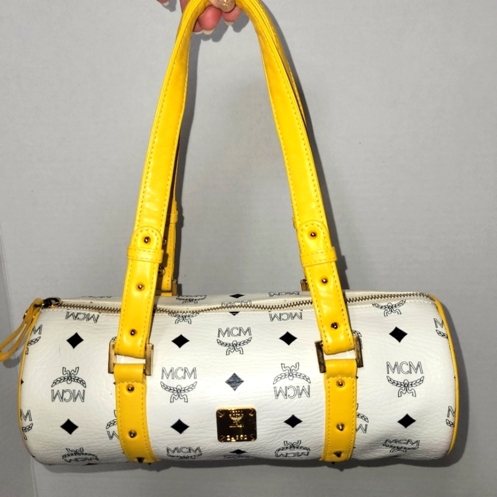 MCM Monogram Barrel Papillon Purse White Visetos, Yellow Leather Trim